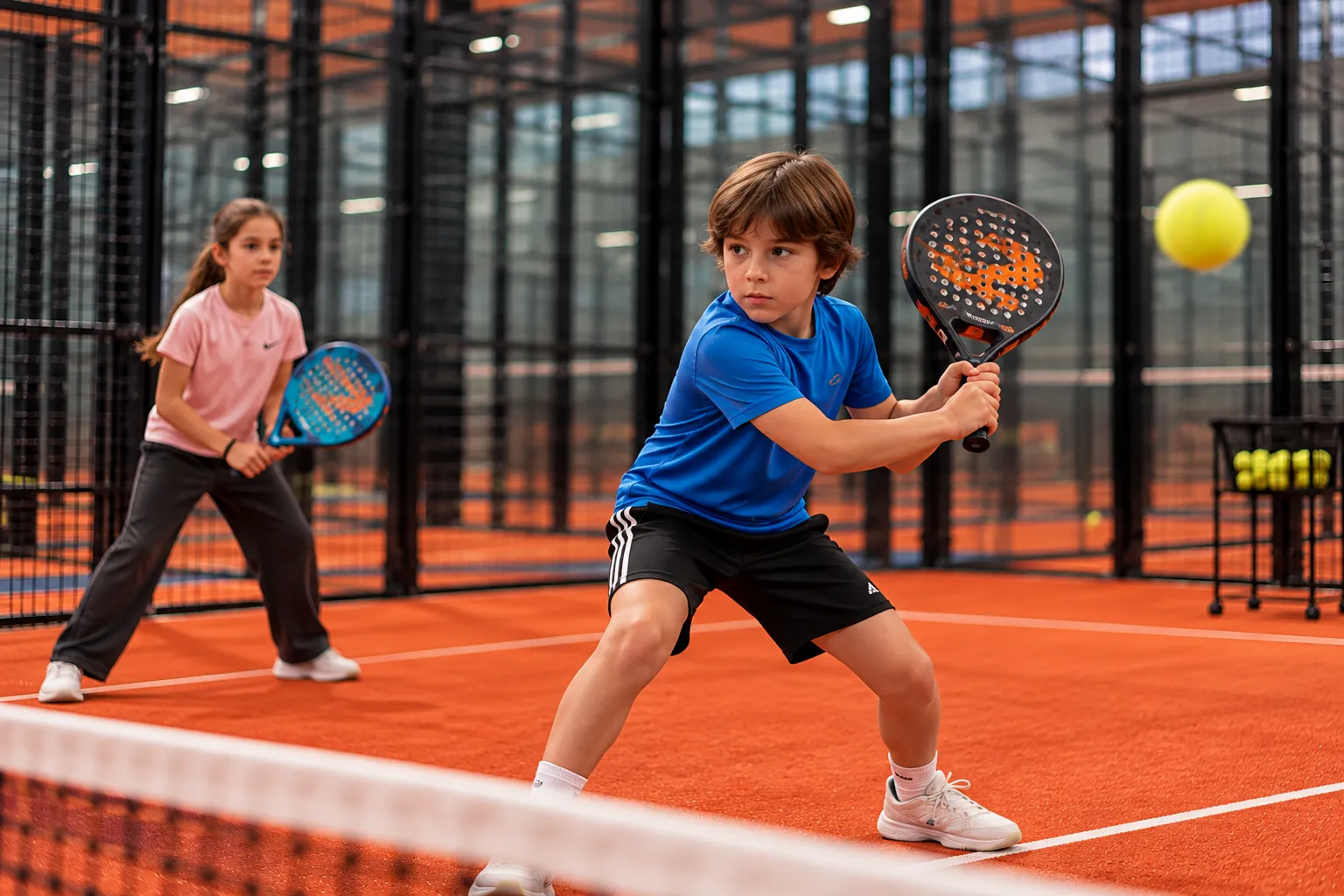 A boy and a girl playing as a pair at a padel training session